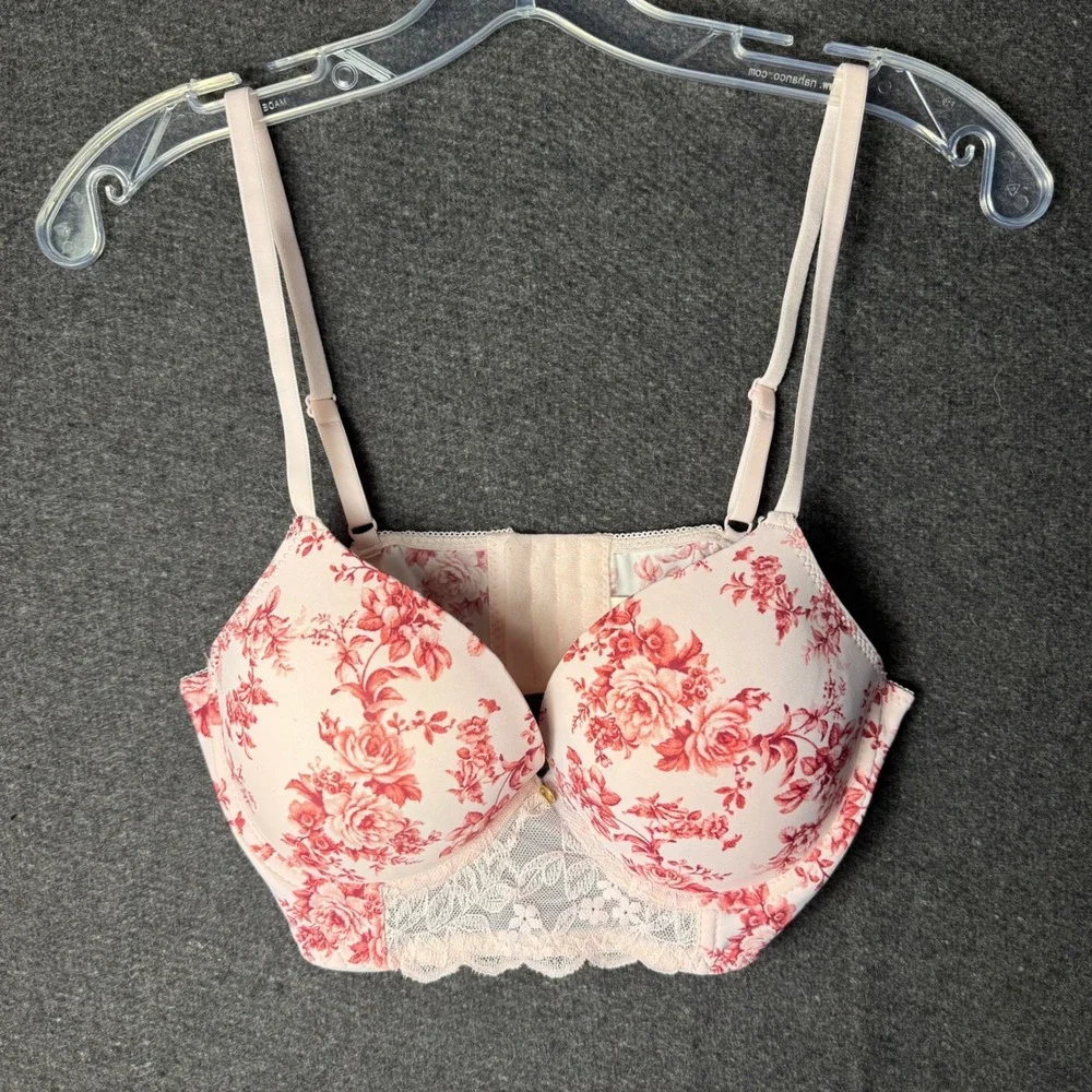 Laura Ashley Floral Push Up Bra‎ 36C Pink Red Rose Lace Longline